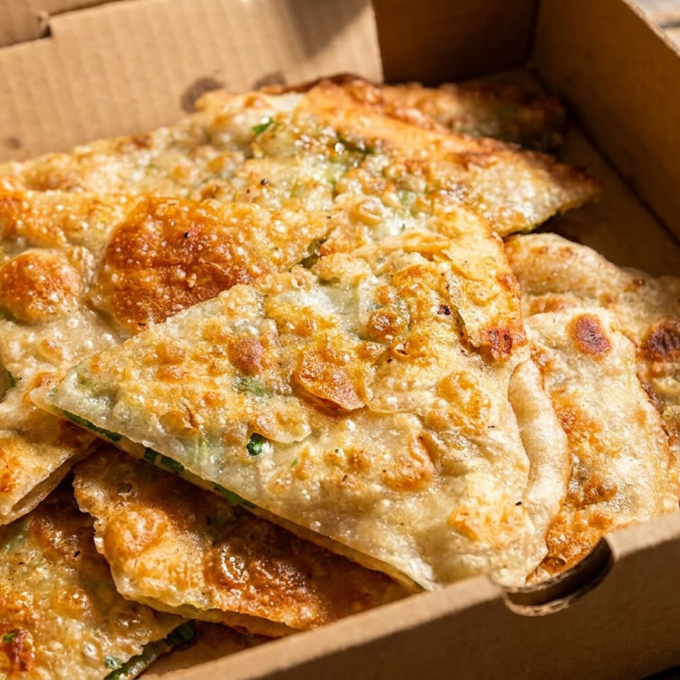 Golden-brown crispy scallion pancakes in a cardboard takeout box on a wooden table.