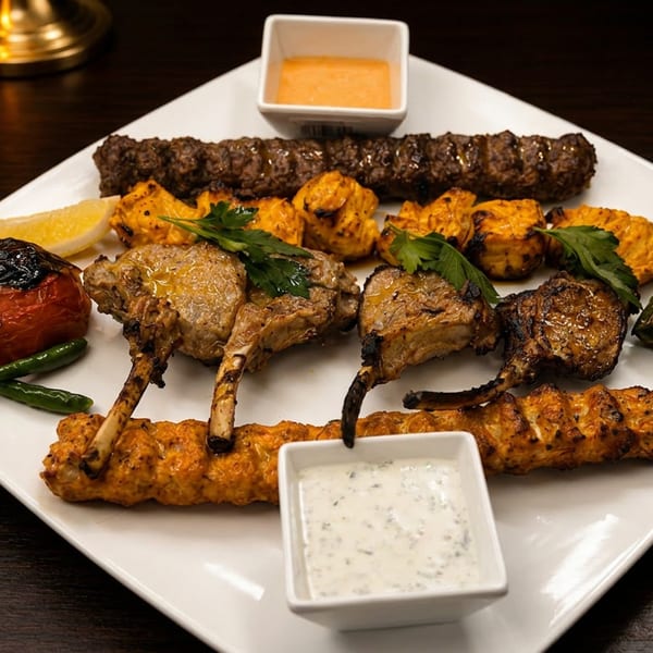 Assortment of grilled lamb chops, chicken, and kebabs with roasted vegetables and dipping sauces on a white plate.