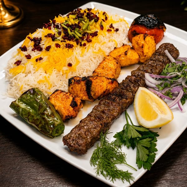 White plate with saffron rice, chicken and beef kebabs, grilled vegetables, lemon, and herbs.