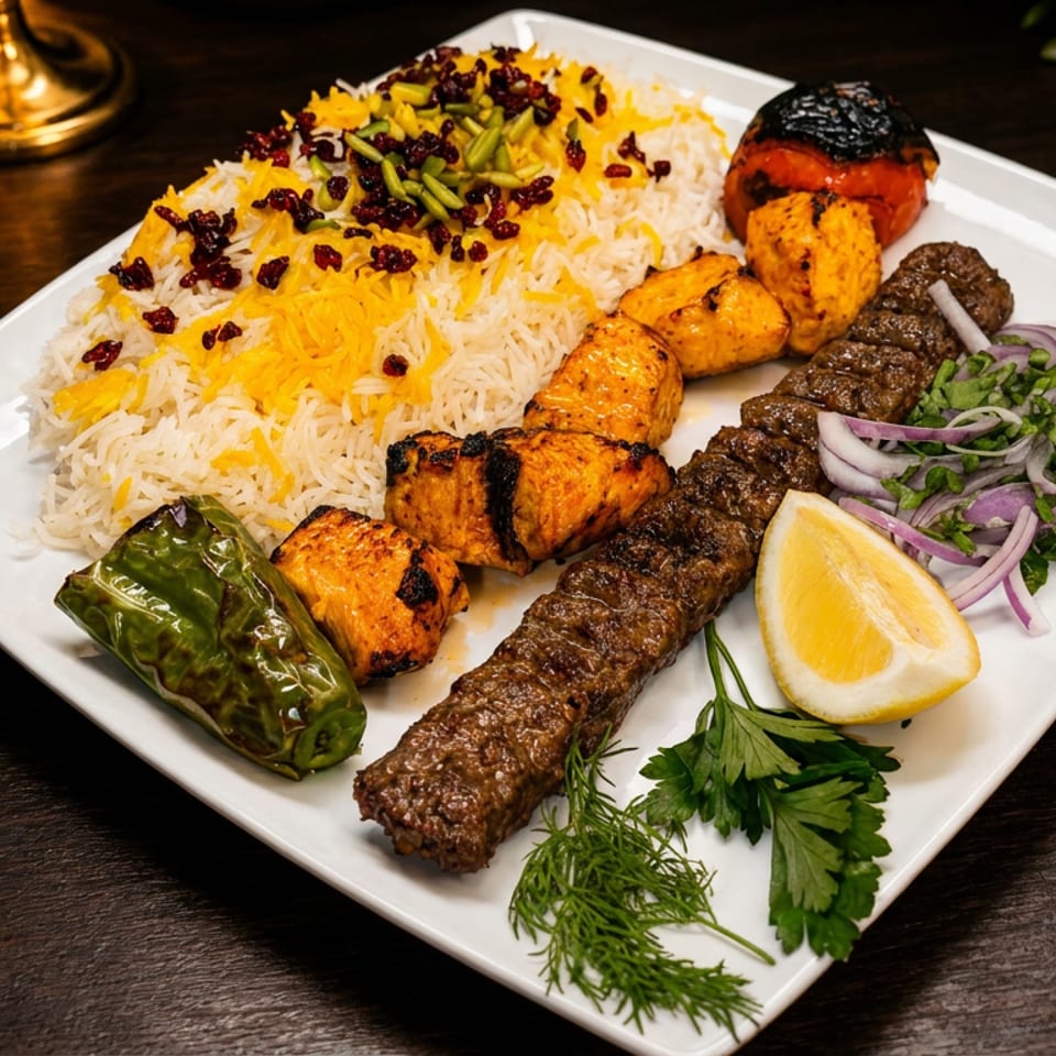 White plate with chicken and ground meat kebabs, saffron rice, grilled vegetables, lemon, and herbs.