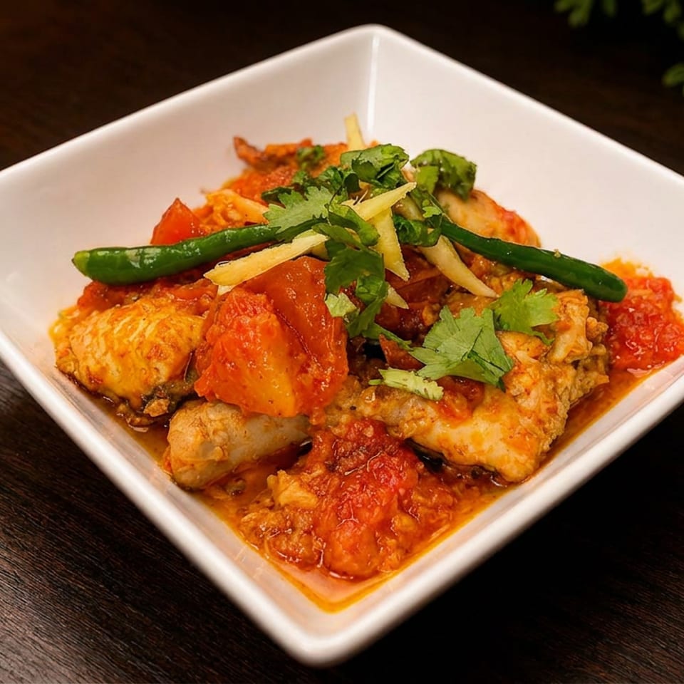 Spicy chicken curry with tomatoes, green chilies, cilantro, and ginger in a white bowl on a dark table.